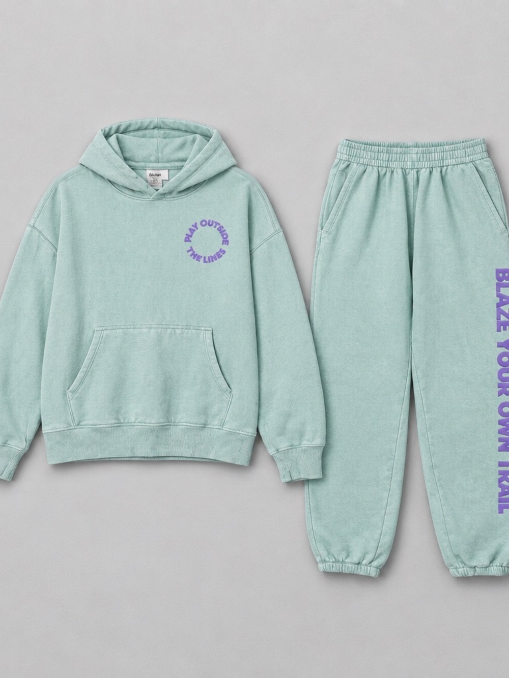 Athleta Kids Mint Green Hoodie & Joggers with Purple Text